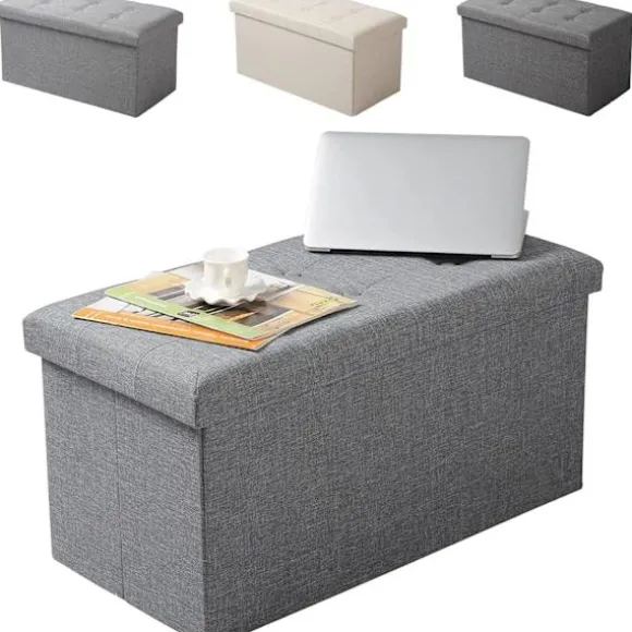 Rootz foldbar opbevaringsskammel med låg - linned Ottoman - Stor kapacitet - Pladsbesparende - Komfortabelt sæde - 76 cm x 38 cm x 37,5 cm