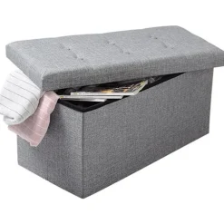 Rootz foldbar opbevaringsskammel med låg - linned Ottoman - Stor kapacitet - Pladsbesparende - Komfortabelt sæde - 76 cm x 38 cm x 37,5 cm
