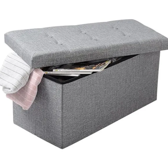 Rootz foldbar opbevaringsskammel med låg - linned Ottoman - Stor kapacitet - Pladsbesparende - Komfortabelt sæde - 76 cm x 38 cm x 37,5 cm