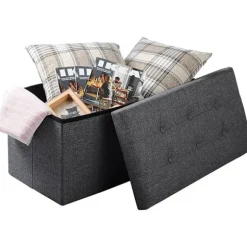 Rootz foldbar opbevaringsboks Ottoman - Linnedskammel - Fodskammel - Stor kapacitet - 76 cm x 38 cm x 37,5 cm - Mørkegrå Lysegrå Cremehvid