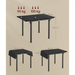 Rootz Folde Spisebord - Ibenholt Sort - Blæk Sort - Spånplade Stål - Pladsbesparende - 78 cm x 120 cm x 76,2 cm - Letvægt 17,5 kg