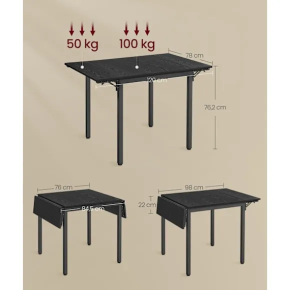 Rootz Folde Spisebord - Ibenholt Sort - Blæk Sort - Spånplade Stål - Pladsbesparende - 78 cm x 120 cm x 76,2 cm - Letvægt 17,5 kg