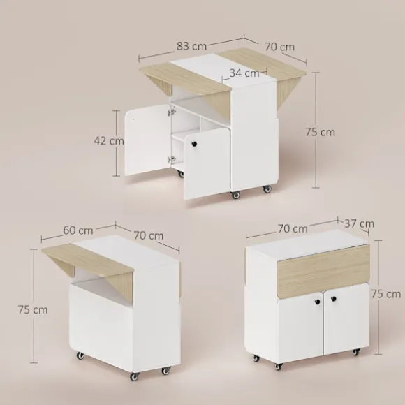 Rootz Foldebordsskab - Konvertibelt Spisebord - Udvidbart Rulleskab - Pladsbesparende Design - 70 x 83 x 75cm - Hvid + Brun