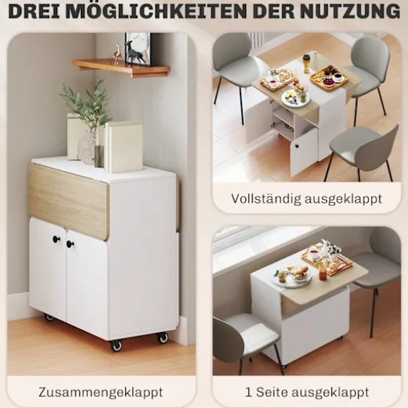 Rootz Foldebordsskab - Konvertibelt Spisebord - Udvidbart Rulleskab - Pladsbesparende Design - 70 x 83 x 75cm - Hvid + Brun