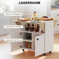 Rootz Foldebordsskab - Konvertibelt Spisebord - Udvidbart Rulleskab - Pladsbesparende Design - 70 x 83 x 75cm - Hvid + Brun