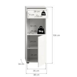 Rootz Freestanding Cabinet - Badeværelsesopbevaringsenhed - Hvid glansskab - Slank design - 38x106x34 cm