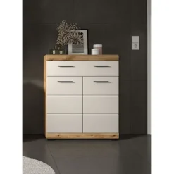 Rootz Freestanding Cabinet - Storage Unit - Organizer - Ample Storage - 74x88x31cm - Evoak Oak & Cashmere Imitation MDF Front