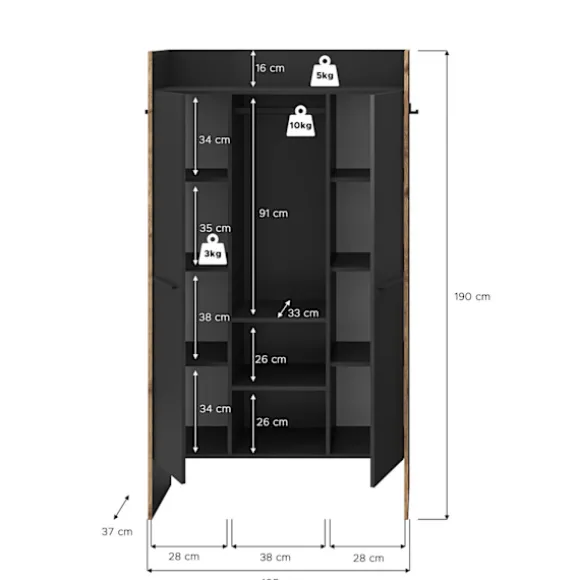 Rootz Garderobe - Tøjopbevaring - Arrangør - Moderne stil - Sort - 105x189x37cm
