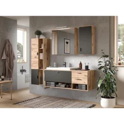 Rootz Grado Midi Cabinet - Badeværelse forfængelighed - Træmateriale - Nox Oak/Gray Matt - Systemmøbler - Tidløs design - 48 cm x 144 cm x 35 cm