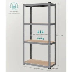 Rootz Grey Opbevaringsstativ - Reol - Metalramme - Heavy Duty - 40 cm x 80 cm x 160 cm - Galvaniseret stål - MDF - 10 kg - 130 kg Kapacitet - 520 kg S | Fyndiq