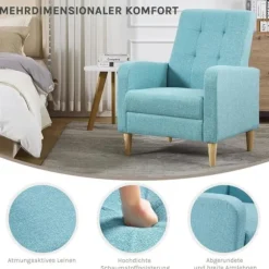 Rootz ægstol med armlæn - loungestol - afslappende lænestol - linneddækning - solide træben - 68 x 90,5 x 73,5 cm - blå - hyggeligt og moderne design | Fyndiq