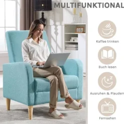 Rootz ægstol med armlæn - loungestol - afslappende lænestol - linneddækning - solide træben - 68 x 90,5 x 73,5 cm - blå - hyggeligt og moderne design | Fyndiq