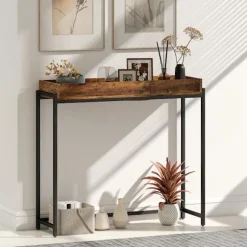Rootz Hall Bord - smalt konsolbord - Entrébord - Slank skænk - Stabil og sikker - Rustik brun+sort - 100x30x91cm