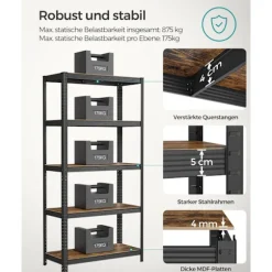 Rootz Heavy Duty Hylde - Opbevaringsstativ - Metalreoler - Stålkonstruktion - Rustbestandig - Højdejusterbar - Vintage Brun-Sort - 40cm x 90cm x 180cm | Fyndiq