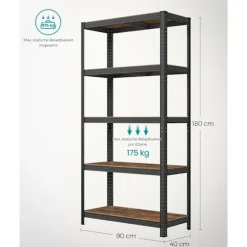 Rootz Heavy Duty Hylde - Opbevaringsstativ - Metalreoler - Stålkonstruktion - Rustbestandig - Højdejusterbar - Vintage Brun-Sort - 40cm x 90cm x 180cm | Fyndiq