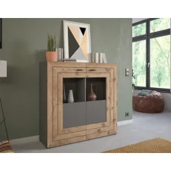 Rootz Highboard Freno - Wood Material - Gray Replica - Nox Oak Replica - 160 x 90 x 40 cm