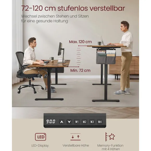 Rootz Højde Justerbar skrivebord - Elektrisk skrivebord - Sit Stand Desk - Sundhedsfordele - Brun - 180 x 80 x (72-120) cm