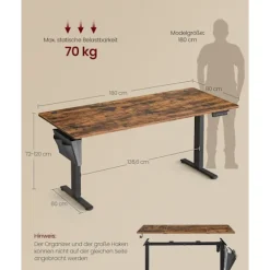 Rootz Højde Justerbar skrivebord - Elektrisk skrivebord - Sit Stand Desk - Sundhedsfordele - Brun - 180 x 80 x (72-120) cm