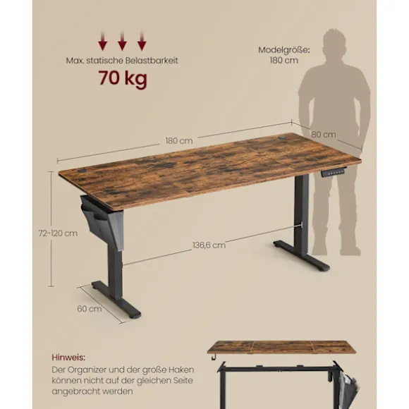Rootz Højde Justerbar skrivebord - Elektrisk skrivebord - Sit Stand Desk - Sundhedsfordele - Brun - 180 x 80 x (72-120) cm