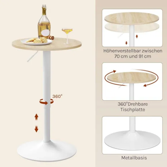 Rootz Højde Justerbar stangtabel - Bistro -bord - Runde sidebord - Skrab og vandtæt MDF - 52 cm Tabel Top x 69.5-91.5cm Højde
