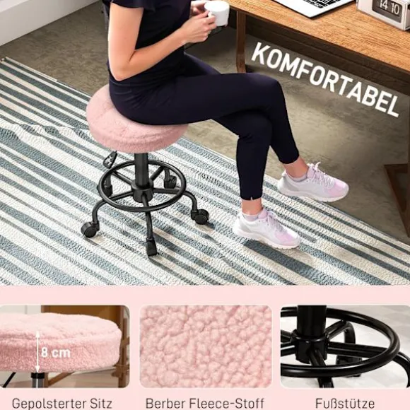 Rootz Højdejusterbar pink rullestol - Roterende skammel - Arbejdsstol - 360° drejelig base - Luksuriøs komfort - Ø50 x 50-66 cm