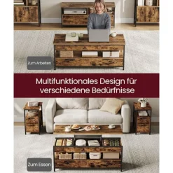 Rootz Højdejusterbar sofabord - Justerbar tabel - Vintage -stil Tabel - Alsidig opbevaring - 50x120x48-63 cm
