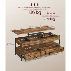 Rootz Højdejusterbar sofabord - Justerbar tabel - Vintage -stil Tabel - Alsidig opbevaring - 50x120x48-63 cm