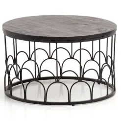 Rootz håndlavet sofabord - Industrielt design - Rundt bord - Naturligt trækorn - Håndlavet - 60 cm x 60 cm x 36 cm - Mango massivt træ - Pulverlakeret | Fyndiq