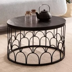 Rootz håndlavet sofabord - Industrielt design - Rundt bord - Naturligt trækorn - Håndlavet - 60 cm x 60 cm x 36 cm - Mango massivt træ - Pulverlakeret | Fyndiq