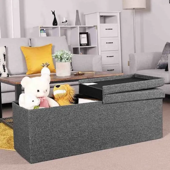 Rootz Hocker Linned - Opbevaringsbænk - Hockers med opbevaringsplads - bænk med opbevaring - Grå - 110 x 38 x 38 cm