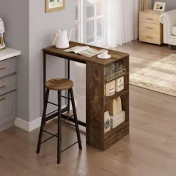 Rootz Home Barbord med vinhylde - Højt Bistrobord - Køkkenbord - Træmateriale - 91cm x 91cm x 49cm