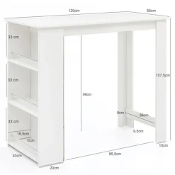 Rootz Hvid 120 x 107,5 x 60 cm Barbord Køkkenbord i træ - Bardisk med integreret hylde - Bar Bistro Bord Køkken Rektangulært - Festbord træbord - Vægm | Fyndiq