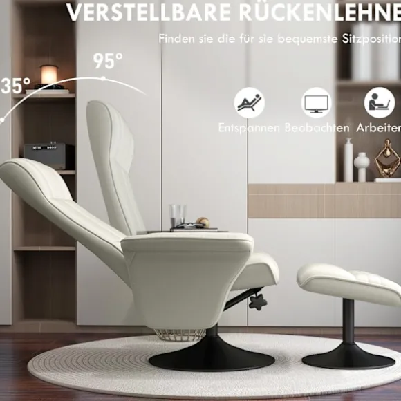 Rootz hvilestol & afføring sæt - tv -lænestol - drejestol - ergonomisk komfort - hvid - 69L x 71W x 104H cm