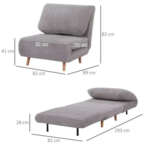 Rootz 2-i-1 lænestolsseng - Justerbar nakkestøtte - Corduroy Look - Grå - 82 cm x 8 cm x 83 cm