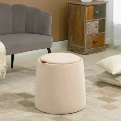 Rootz 2-i-1 skammel - Sofabord - Velvet Look - Inklusiv opbevaringsplads og aftageligt låg - Beige - Ø44 cm x 47,5 cm