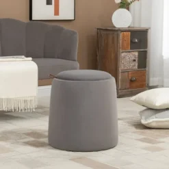 Rootz 2-i-1 Velvet Look Opbevaringsskammel - Ottoman - Fodstøtte - Skjult opbevaring - Aftageligt bakkelåg - 44 cm x 47,5 cm - Mørkegrå