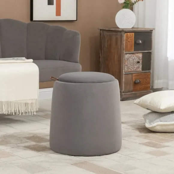 Rootz 2-i-1 Velvet Look Opbevaringsskammel - Ottoman - Fodstøtte - Skjult opbevaring - Aftageligt bakkelåg - 44 cm x 47,5 cm - Mørkegrå