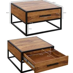 Rootz industrielt sofabord - sidebord - massivt træ - brun - luksus retro vintage glas sofabord med opbevaringsplads - 65 x 38 x 65 cm