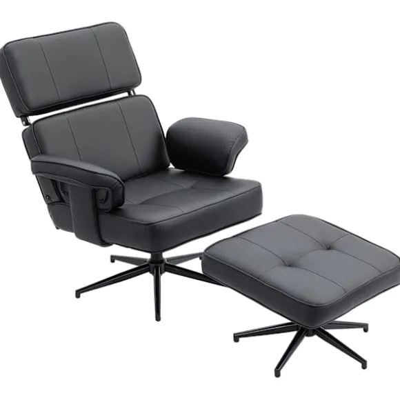Rootz justerbar lænestol med fodskammel - Lænestol - Afslapningslænestol - Nakkestøtte - Kunstlæder, Grå, 91x79x89cm (stol), 59x53x40cm (skammel)