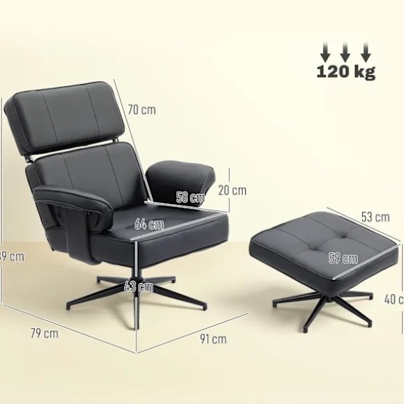 Rootz justerbar lænestol med fodskammel - Lænestol - Afslapningslænestol - Nakkestøtte - Kunstlæder, Grå, 91x79x89cm (stol), 59x53x40cm (skammel)