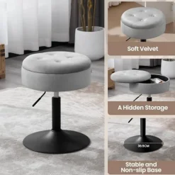 Rootz Justerbar Velvet Barstol - Bordskammel - Køkkentaburet - Holdbar, Multifunktionel, Opbevaringsplads - 39,5 cm Sædediameter, Højde 49,5-65 cm