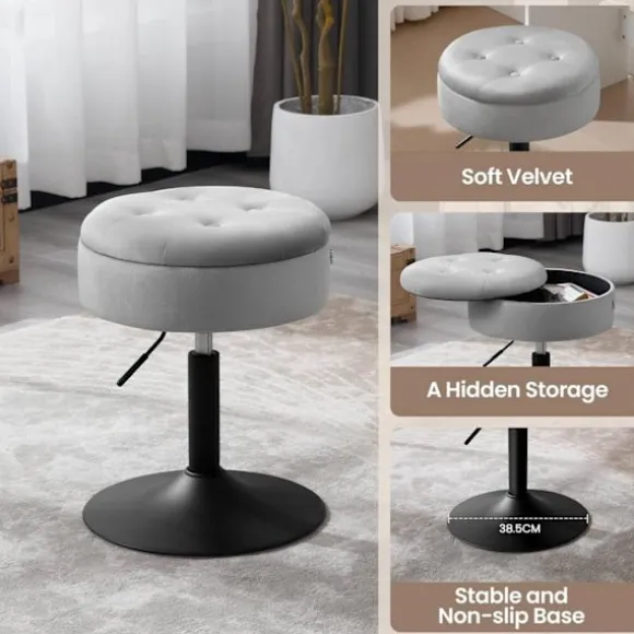 Rootz Justerbar Velvet Barstol - Bordskammel - Køkkentaburet - Holdbar, Multifunktionel, Opbevaringsplads - 39,5 cm Sædediameter, Højde 49,5-65 cm