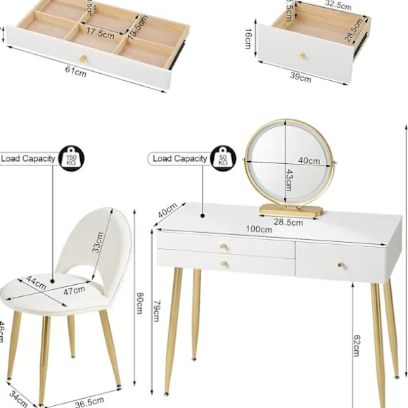 Rootz justerbart sminkebordssæt - Sminkebord med skammel - Makeup skrivebord med LED-spejl - Ergonomisk komfort - Rigelig opbevaring - Robust design - | Fyndiq