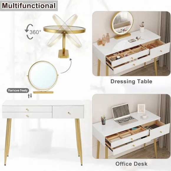 Rootz justerbart sminkebordssæt - Sminkebord med skammel - Makeup skrivebord med LED-spejl - Ergonomisk komfort - Rigelig opbevaring - Robust design - | Fyndiq