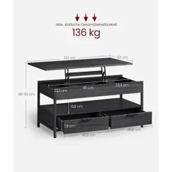 Rootz Justerbart Sofabord - Antracit Grå-Ink Sort - Spånplade stål - Stort 50 x 100 cm - Højde 48-63 cm - Letvægt 25,6 kg - Max belastning 136 kg
