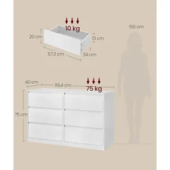 Rootz Kailyn Kommode med seks skuffer - Kommode - Opbevaringsenhed - Maksimerer soveværelsespladsen - Hvid - 40 x 119,4 x 75 cm