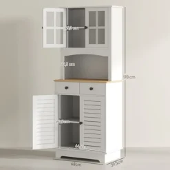 Rootz Kitchen Cabinet med glasdøre - Opbevaring af opvask - Spisestueskab - rigelig opbevaring - 68 x 39,5 x 170 cm, hvidbrun