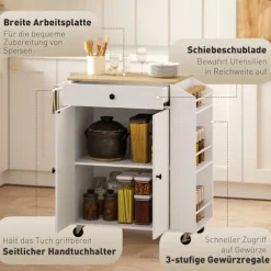 Rootz Kitchen Cart med skuffe - Mobil opbevaring - Alsidig vogn - Justerbare hylder - 82 x 38 x 86,5 cm - Hvid og brun