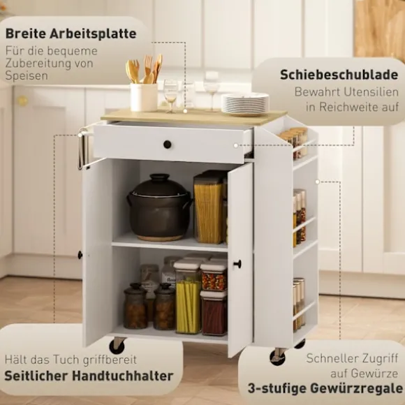 Rootz Kitchen Cart med skuffe - Mobil opbevaring - Alsidig vogn - Justerbare hylder - 82 x 38 x 86,5 cm - Hvid og brun