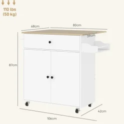 Rootz Kitchen Cart med skuffe - Kitchen Island - Serveringsvogn - Alsidig opbevaring - 106 cm x 42 cm x 87 cm